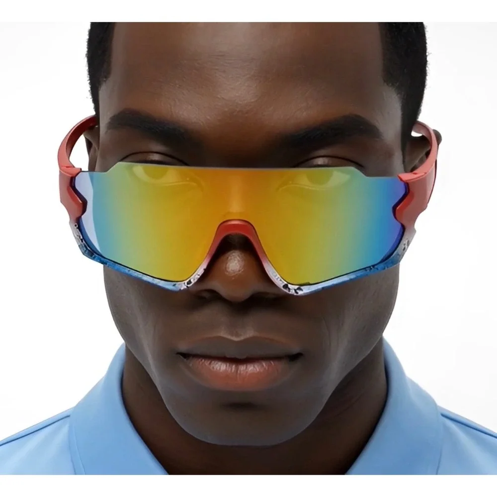 Mens Red Blue Splatter Shield Sunglasses Mirrored Gold Lens‎ Sporty Wrap Shades